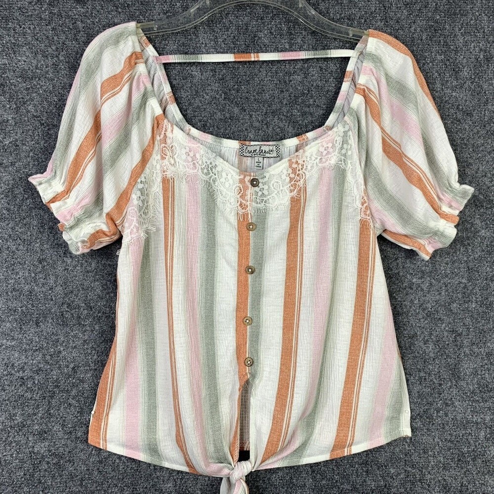 Crave Fame Tie Front Blouse Women L Short Puff Sleeve  Striped Decor Buttons
